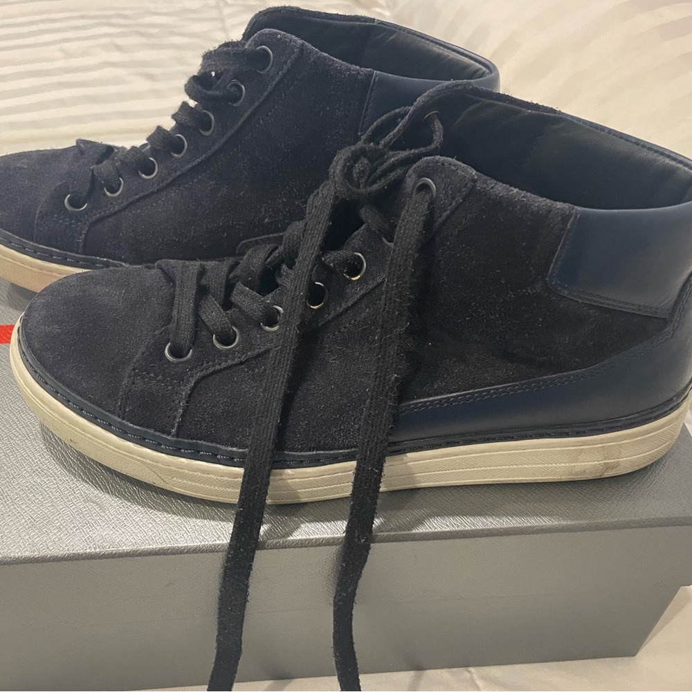 PRADA navy suede high top sneakers, size 7